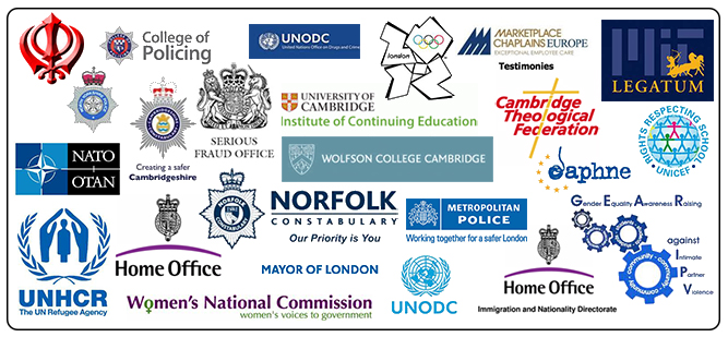 Clients incluse: Immigration and Nationalities Directorate,The Home Office, Cambridgeshire Constabulary, University of Cambridge; Institute of Continuing Education, Norfolk Constabulary, Wolfson College, University of Cambridge, The Serious Fraud Office, The Cambridge Federation of Theological Colleges